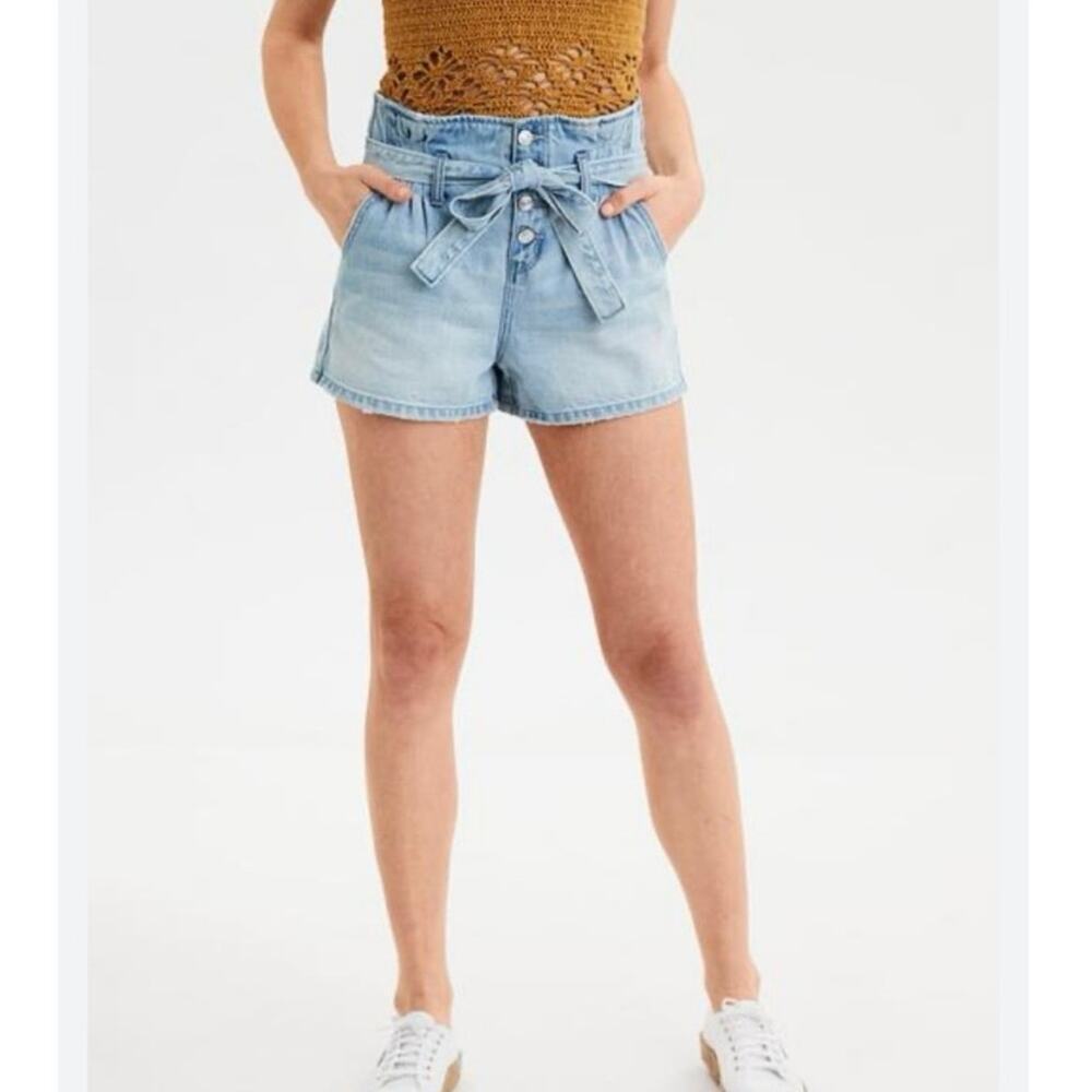 American Eagle Mom Shorts High Rise Paperbag Denim Tie Waist EUC